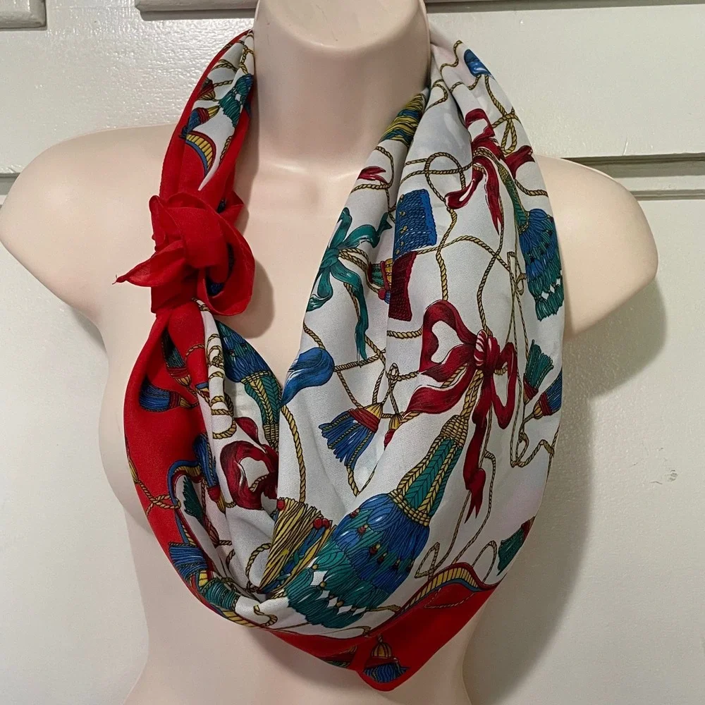 Berkshire Vintage Square Scarf Red White‎ Equestrian Tassel Made in Italy 31x31